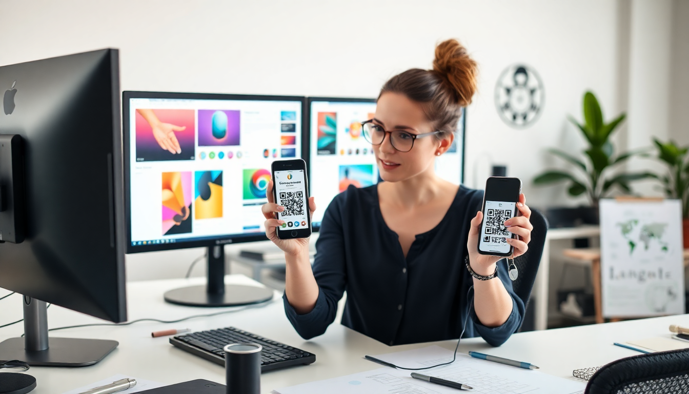 Creative designer working at modern workspace with multiple monitors, sharing designs via mobile phone