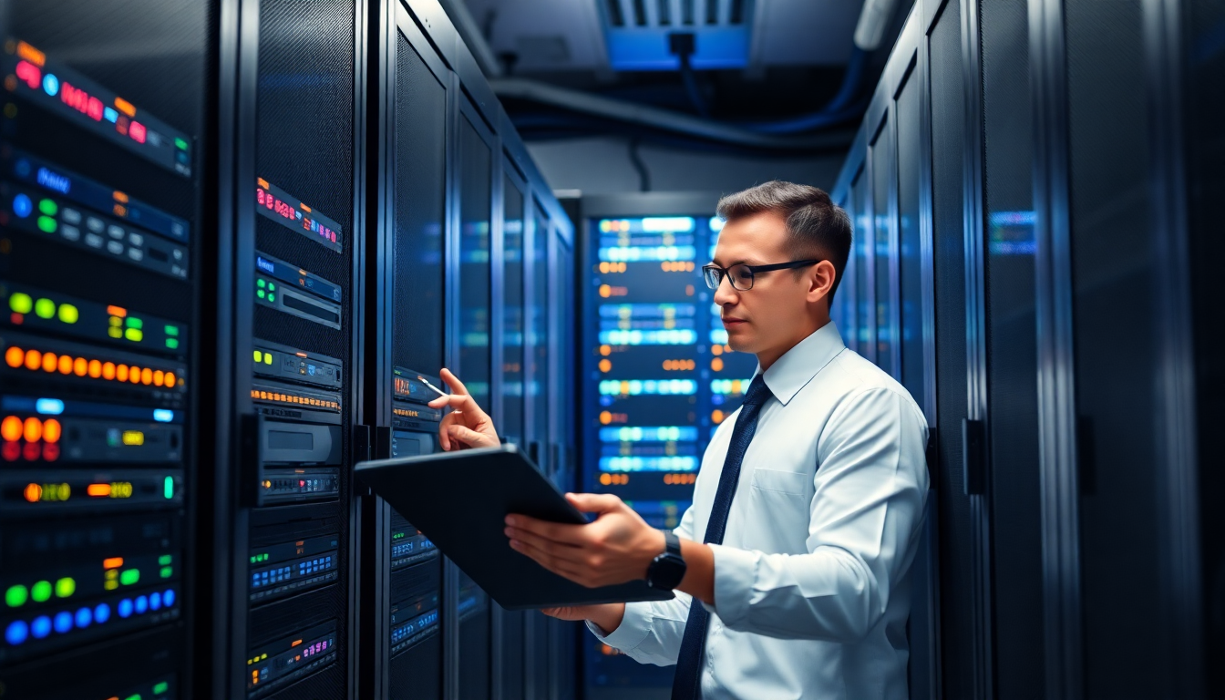 IT technician working efficiently with servers in modern data center
